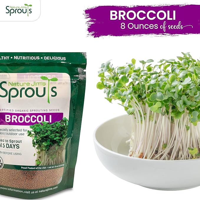 Nature Jims Sprouts Broccoli Sprout Seeds - Certified Organic Broccoli Sprouting Seeds for Indoor/Outdoor Use - Rich in Sulforaphane Healthy, Nutritious Broccoli Seeds Sprout in 5 Days - 8oz