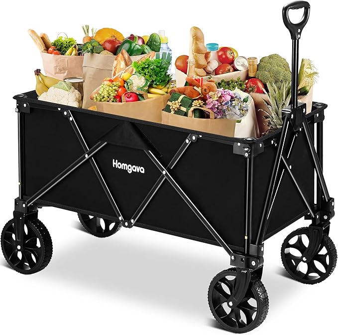 Homgava zusammenklappbarer Kombiwagen, tragbarer Campingwagen mit großer Kapazität, faltbarer All-Terrain-Wagen, robuster Kombiwagen für Lebensmittel, Outdoor, Strand, Gartenarbeit, Einkaufen, Angeln, Schwarz 