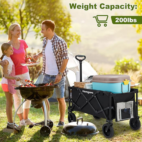 Homgava Collapsible Folding Wagon Cart,Outdoor Beach Wagon,Heavy Duty Garden Cart with All Terrain Wheels,Portable Large Capacity Utility Wagon for Camping Fishing Sports Shopping, Black