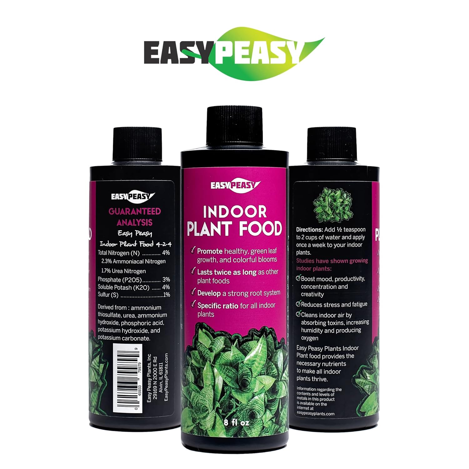 Alimento líquido para plantas de interior multiusos Easy Peasy | Fertilizante nutritivo 4-3-4 para plantas en macetas de interior | Formulado específicamente para plantas de interior vivas. 