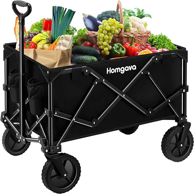 Homgava Collapsible Folding Wagon Cart,Outdoor Beach Wagon,Heavy Duty Garden Cart with All Terrain Wheels,Portable Large Capacity Utility Wagon for Camping Fishing Sports Shopping, Black