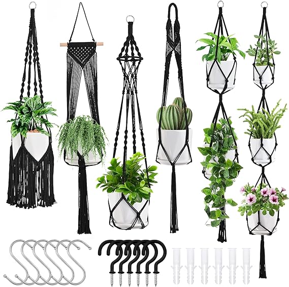 SFENNGPET Perchas para Plantas de Macramé, Paquete de 6 Macetas Colgantes para Plantas de Interior con 6 Juegos de Perchas, Perchas para Plantas Macromay Hechas a Mano, Soporte para macetas de Interior para decoración del hogar Boho