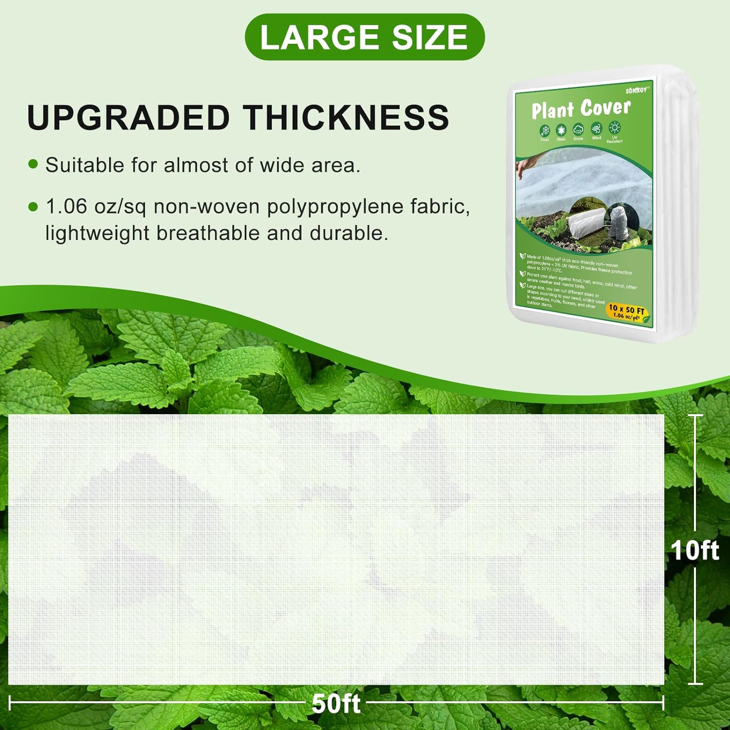 SOMXOY Cubierta para plantas de 10 x 50 pies, protección contra congelación, 1,06 oz/yd², manta gruesa de tela contra heladas, protector de plantas, cubiertas flotantes reutilizables para árboles para jardín al aire libre 