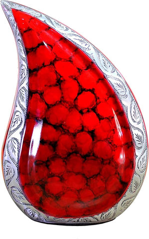 eSplanade Urna de cremación de metal, recipiente conmemorativo | Urna en relieve de tamaño completo para cenizas funerarias | Urnas de metal en forma de lágrima | Rojo ardiente - 10" pulgadas 