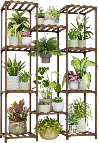 Bamworld Pflanzenständer für drinnen und draußen, Hängepflanzenregal, hoch, großer Pflanzenhalter aus Holz für Wohnzimmer, Pflanzenregal für den Innenbereich, mehrere Pflanzen, Terrasse, Balkon, Garten 