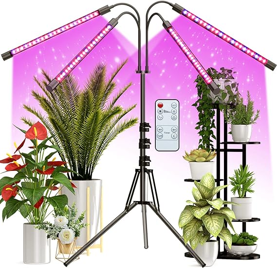 FRENAN Luz de cultivo con soporte, para plantas de interior con espectro rojo azul, 10 brillo regulable, temporizador 4/8/12H, 3 modos de interruptor, cuello de cisne ajustable, adecuado para el crecimiento de varias plantas 