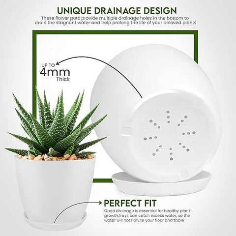 Utopia Home - Plant Pots with Drainage - 7/6.6/6/5.3/4.8 Inches Home Decor Flower Pots for Indoor Planter - Pack of 5 Plastic Planters, Cactus, Succulents Pot - White
