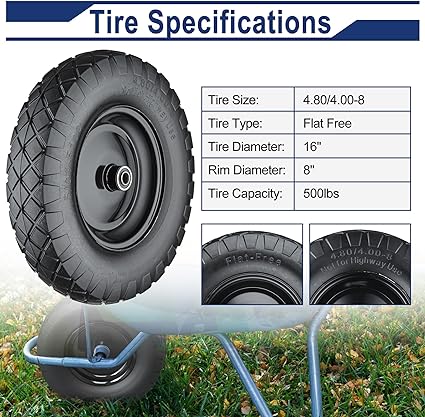 Wheelbarrow Tires 4.80/4.00-8 Flat Free, 16 inch Solid 4.80/4.00-8 Tire and Wheel with 5/8” or 3/4” Bearings, Wheel Barrow Tires 4.80/4.00-8 Includes Adapter Kit