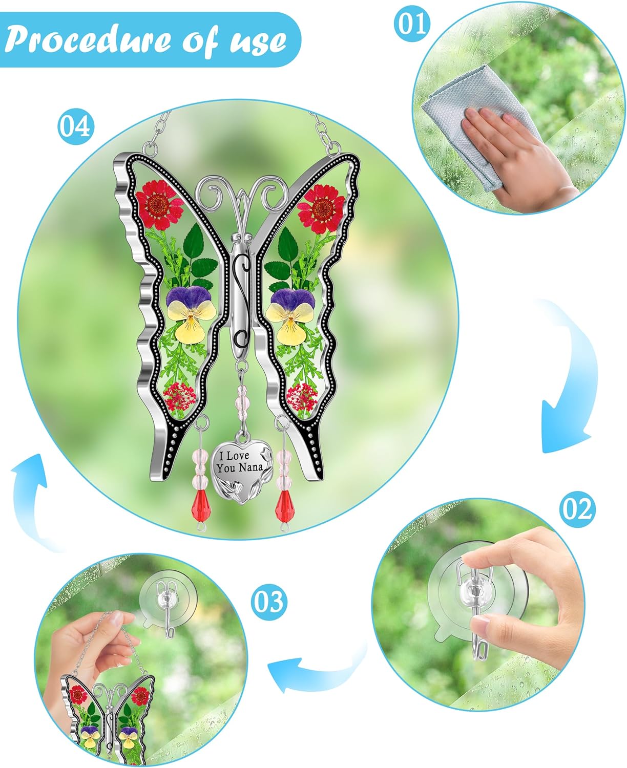 KY&BOSAM Suncatcher Butterfly I Love You Nana Gifts for Nana Mother`s Day Nana Gifts Stained Glass Suncatchers Hanging Wind Chime Ornament for Window Gift for Mother`s Day Birthday Christmas