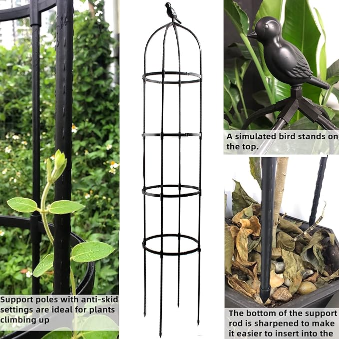 Anothera 1,8 m langes, rostfreies Metallrohr mit robuster Kunststoffbeschichtung, Stütze für Topfpflanzen im Garten, im Innen- und Außenbereich, rundes Obelisk-Spalier für Kletterpflanzen (schwarz) 