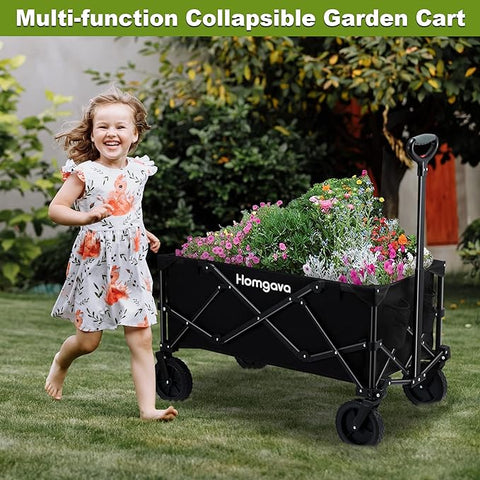 Homgava Collapsible Folding Wagon Cart,Outdoor Beach Wagon,Heavy Duty Garden Cart with All Terrain Wheels,Portable Large Capacity Utility Wagon for Camping Fishing Sports Shopping, Black