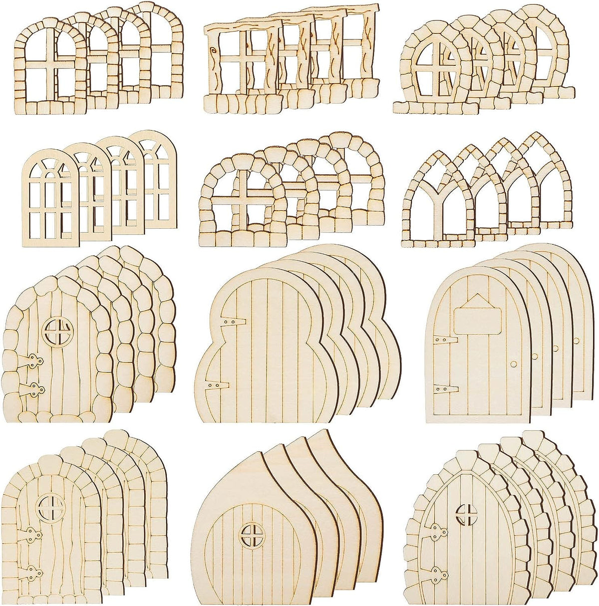 Yulejo 48 Pcs Fairy Door Wooden Garden Doors Craft Mini Window Fairy House DIY Kit Unfinished Miniature Door Unpainted Fairy Window Accessories for Wall Home Party Decoration (Antique Style)