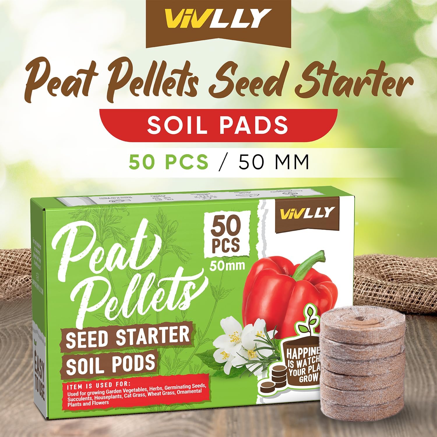 Vivlly Torfpellets – 50 Stück 50 mm, Samen-Starterkapseln zum Pflanzen von Blumen, Kräutern, Gemüse und Bonsai – komprimiertes Torfmoos für die Gartenarbeit im Innen- und Außenbereich – vermeiden Sie Wurzelschocks, natürliche Blumenerde 