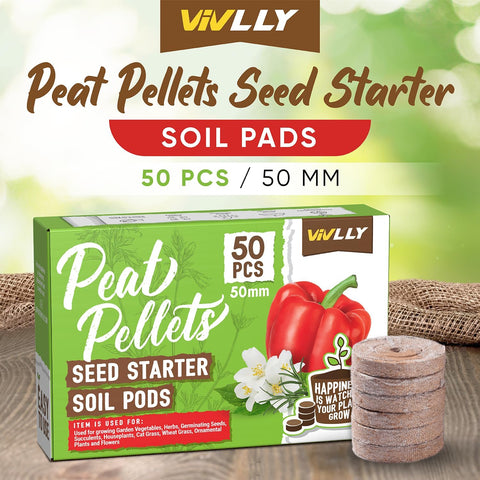 Vivlly Torfpellets – 50 Stück 50 mm, Samen-Starterkapseln zum Pflanzen von Blumen, Kräutern, Gemüse und Bonsai – komprimiertes Torfmoos für die Gartenarbeit im Innen- und Außenbereich – vermeiden Sie Wurzelschocks, natürliche Blumenerde 