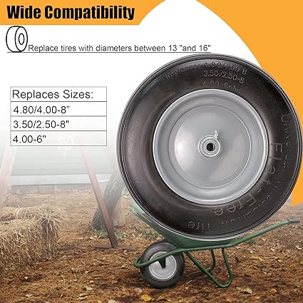 Universal Wheelbarrow Tire Flat Free 14.5"D x 3.2"W, Fits 4.80/4.00-8, 3.50/2.50-8, 4.00-6, 4.00-8 Wheelbarrow Wheels, installed 5/8" Bearing with Extra 3/4" Bearing,3"- 6" Center Hub (1 Pack)