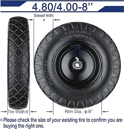 Wheelbarrow Tires 4.80/4.00-8 Flat Free, 16 inch Solid 4.80/4.00-8 Tire and Wheel with 5/8” or 3/4” Bearings, Wheel Barrow Tires 4.80/4.00-8 Includes Adapter Kit