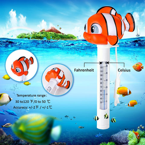 MKLZ Termómetro de piscina flotante de fácil lectura, termómetros de temperatura del agua con cuerda para piscinas exteriores e interiores, jacuzzi, spa - pez payaso 