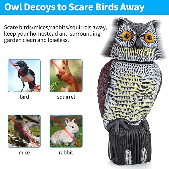 Owl Decoys to Scare Birds Squirrels Away,Owls to Frighten Birds 360 Degree Rotating Head,Plastic Owl Decoy to Scare Birds Away Deterrent,Garden Owls Bird Scare Devices for Indoor Outdoor Garden,Yard