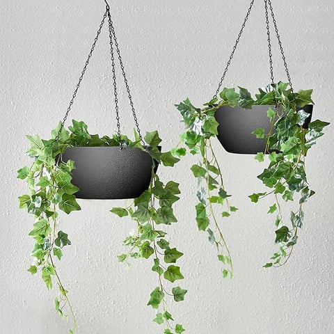 WOUSIWER 13 inch 2Pack Large Hanging Planters for Outdoor Indoor Plants with Drainage Holes and Chain, Round Hanging Flower Pots for Garden Home Porch Decor, Black