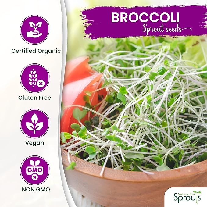 Nature Jims Sprouts Broccoli Sprout Seeds - Certified Organic Broccoli Sprouting Seeds for Indoor/Outdoor Use - Rich in Sulforaphane Healthy, Nutritious Broccoli Seeds Sprout in 5 Days - 8oz