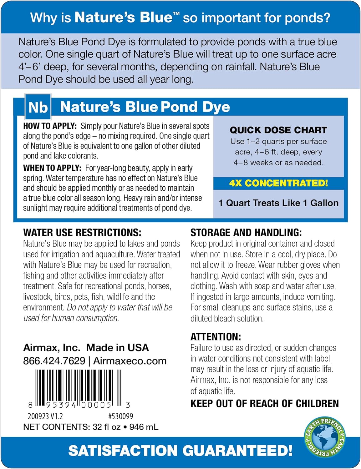 Airmax Pond Dye 4X Concentrate for Outdoor Ponds & Lakes, Natural Pond Colorant & Water Beauty Enhancer, Block Ultraviolet Rays, Fish, Bird & Livestock Safe, Easy Liquid Application, 1 Quart