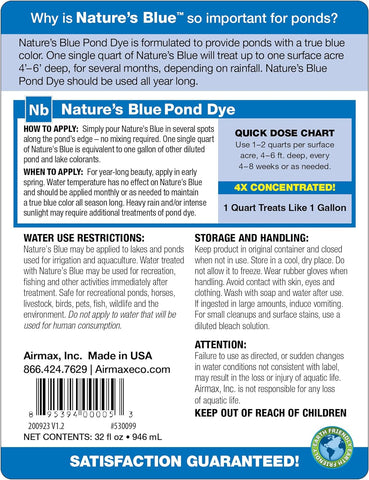 Airmax Pond Dye 4X Concentrate for Outdoor Ponds & Lakes, Natural Pond Colorant & Water Beauty Enhancer, Block Ultraviolet Rays, Fish, Bird & Livestock Safe, Easy Liquid Application, 1 Quart