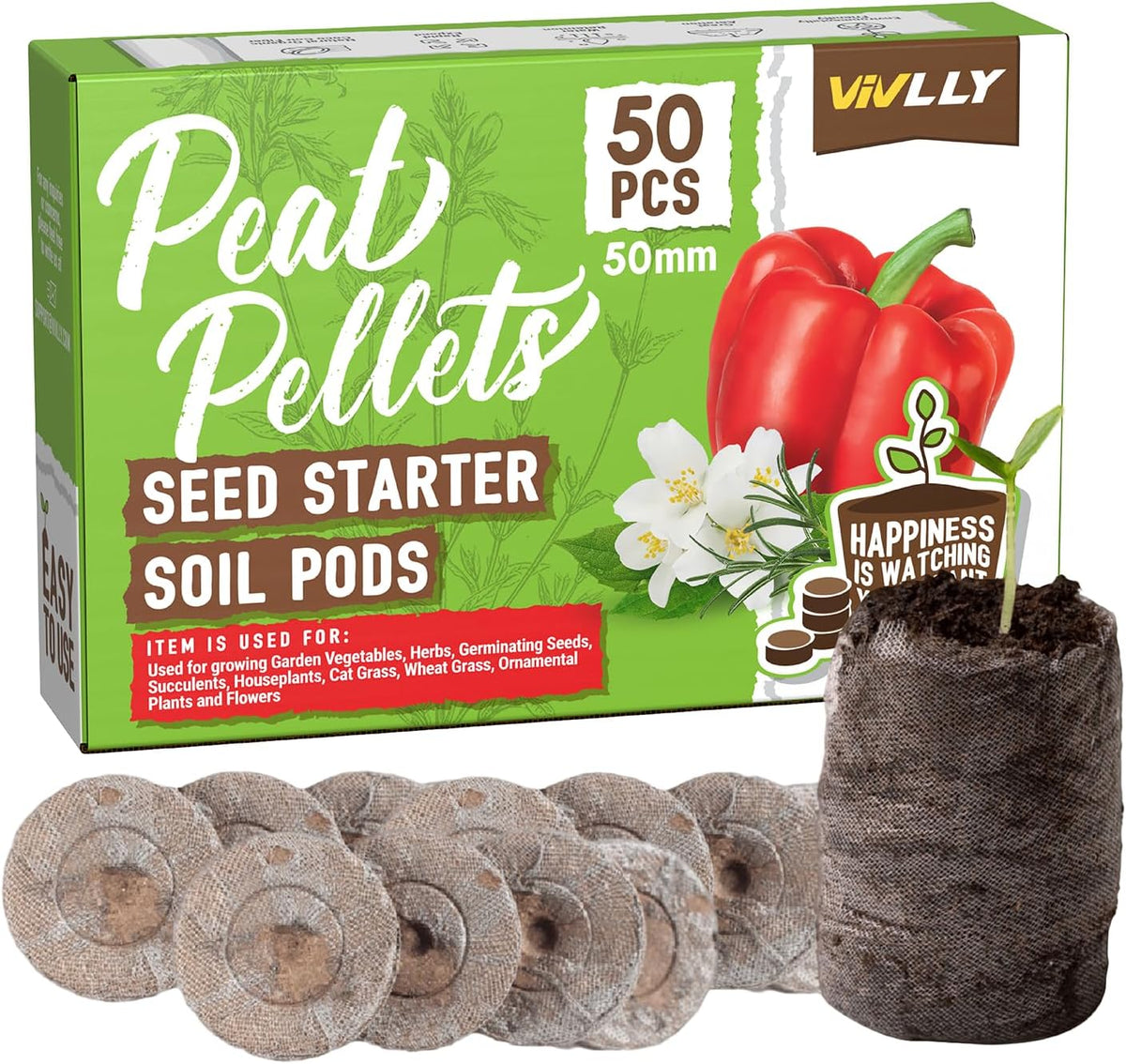 Vivlly Torfpellets – 50 Stück 50 mm, Samen-Starterkapseln zum Pflanzen von Blumen, Kräutern, Gemüse und Bonsai – komprimiertes Torfmoos für die Gartenarbeit im Innen- und Außenbereich – vermeiden Sie Wurzelschocks, natürliche Blumenerde 