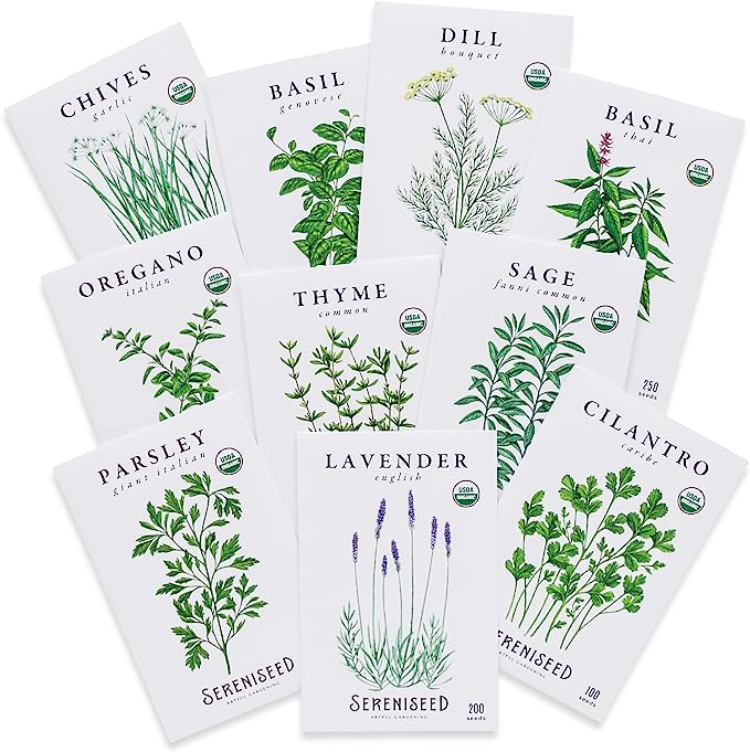 Sereniseed Certified Organic Herb Seeds (10-Pack) – Non GMO, Heirloom – Seed Starting Video - Basil, Cilantro, Oregano, Thyme, Parsley, Lavender, Chives, Sage, Dill Seeds for Indoor & Outdoor Planting