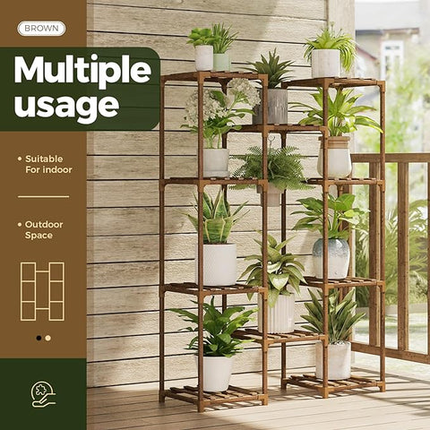 Bamworld Pflanzenständer für drinnen und draußen, Hängepflanzenregal, hoch, großer Pflanzenhalter aus Holz für Wohnzimmer, Pflanzenregal für den Innenbereich, mehrere Pflanzen, Terrasse, Balkon, Garten 