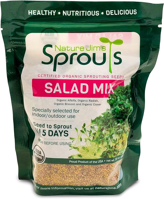 Nature Jims Sprouts Salad Sprout Mix - Organic Salad Mix for Growing - Non-GMO Microgreen Seeds - Healthy Broccoli, Alfalfa, Radish, Clover Sprouting Seeds Variety Mix - Microgreens Growing 1lb