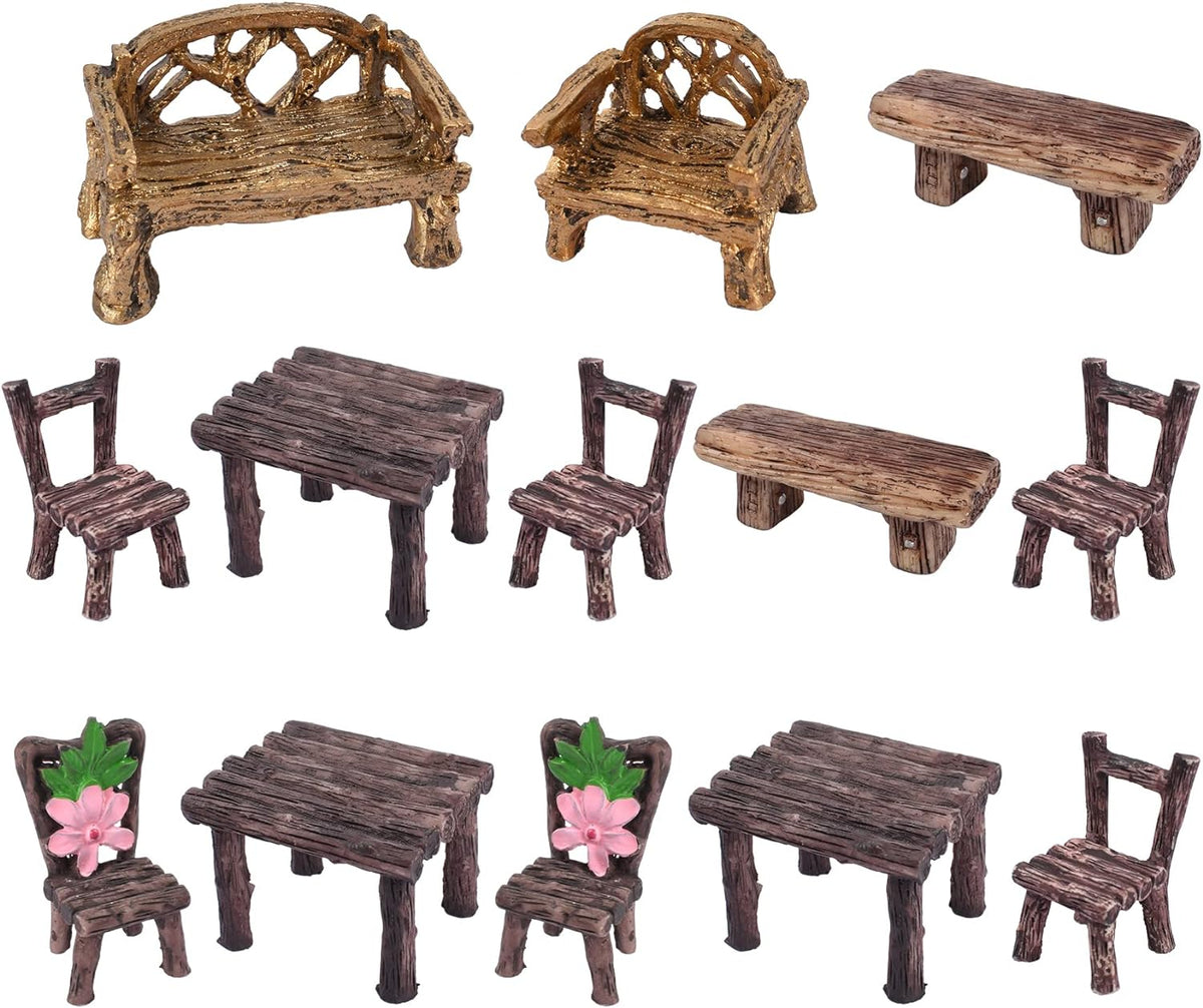 HUIANER Feengartenmöbel, 13-teiliges Puppenhaus-Terrassenmöbel, Miniatur-Tisch und Stühle-Set, Bank-Ornament-Set für Puppenhaus-Zubehör, Feengarten-Dekoration 