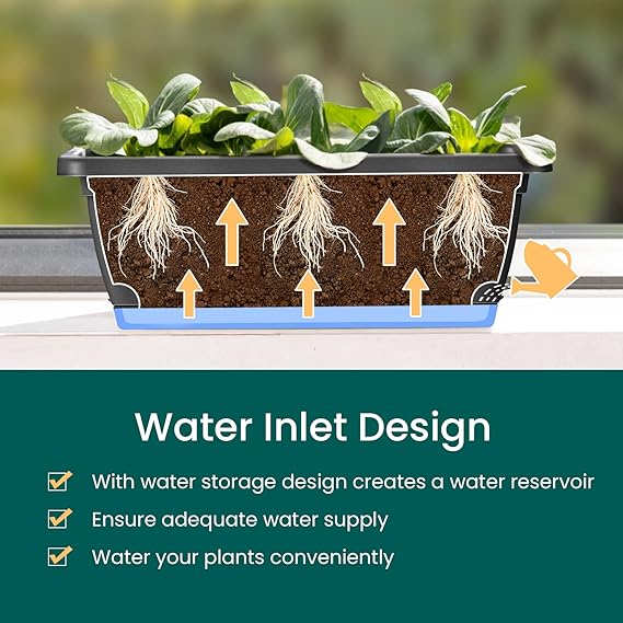 CEED4U Fensterkasten-Pflanzgefäß, 43,2 cm, 3 Packungen, schwarze rechteckige Pflanzgefäße mit Untersetzern und 15 Pflanzenetiketten, selbstbewässernde Entwässerungslöcher, Fensterbank-Dekoration, lange Kunststofftöpfe für draußen und drinnen