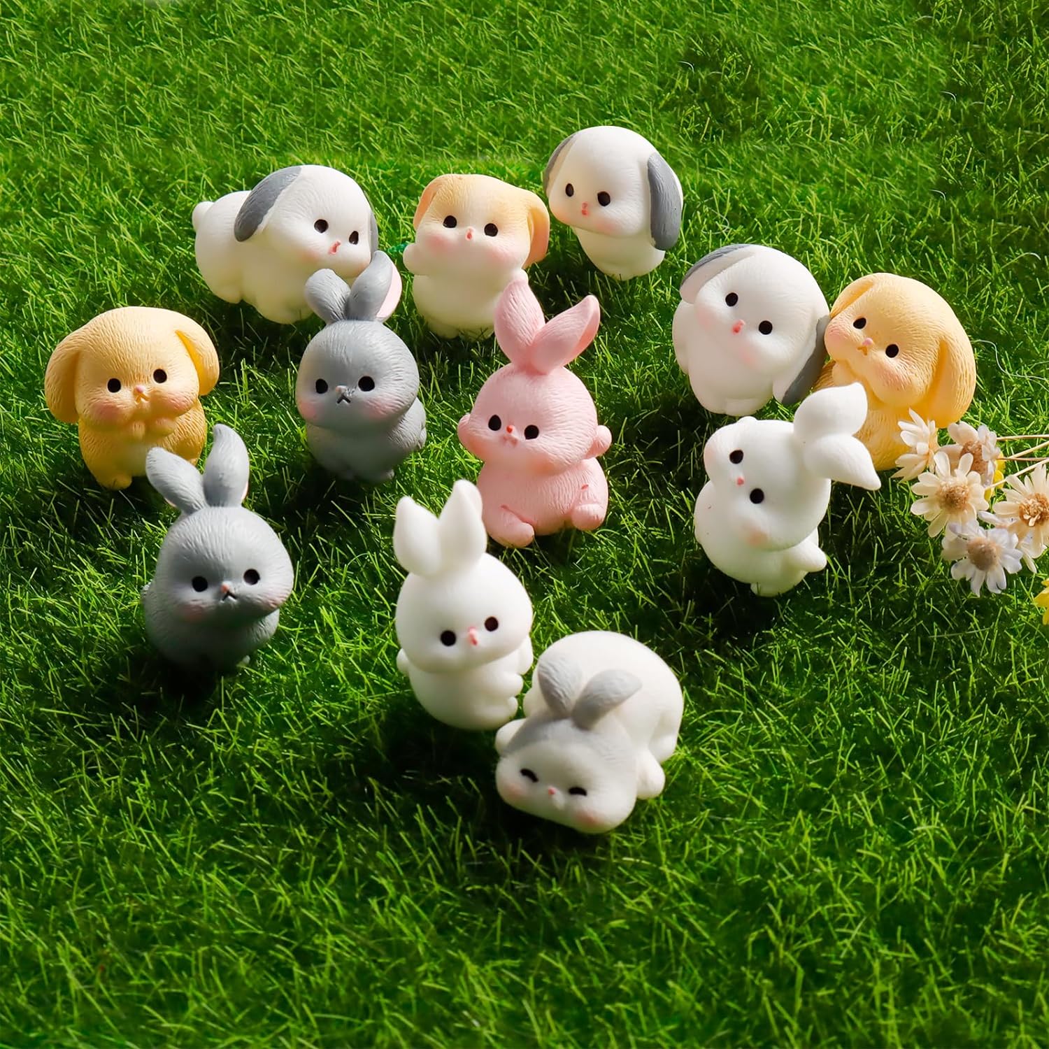 Exasinine 24 Pcs Mini Rabbits Easter Bunny Resin Bunny Figurines Mini Lop Bunny Mini Animals Fairy Garden Miniature Moss Landscape Ornaments for Easter Egg Fillers Dollhouse Cake Home Décor