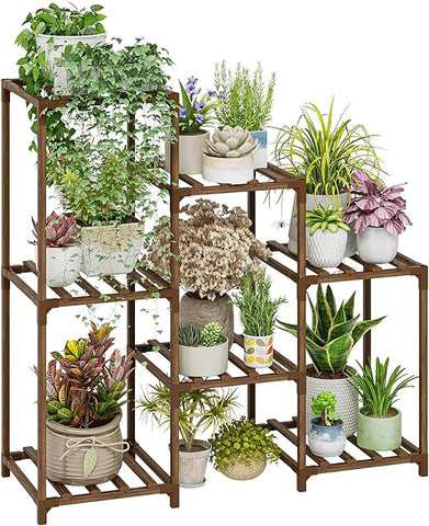 Bamworld Plant Stand Indoor Wood Plant Shelf Outdoor Tiered Plant Rack for Multiple Plants 3 Tiers 7 Pots Ladder Plant Holder Plant Table for Plant Pots Boho Home Decor for Gardening Gifts