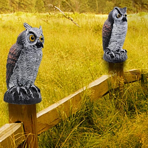 Hausse 2 Pack Fake Horned Owl Bird Scarecrow Decoy, Plastic Deterrents, Halloween Decoration, Nature Enemy Pest Repellent for Outdoor Garden Yard