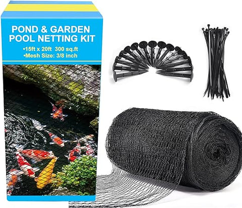 Pond Netting, 15 x 20 FT Pond Net Heavy Duty Pond Netting for Koi Ponds, Garden Pool Fine Mesh Netting Kit for Leaves, Protects Koi Fish from Birds Cats Predators, with 14 Stakes and 30 Cable Zip Ties