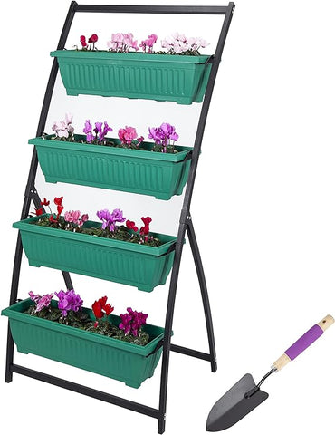 Coilyhill – Macetero vertical elevado para jardín de 6 pies – Camas elevadas independientes duraderas y resistentes a la intemperie para patio y balcón con 4 cajas verdes con agujeros de drenaje – Completo con paleta de mano de jardín