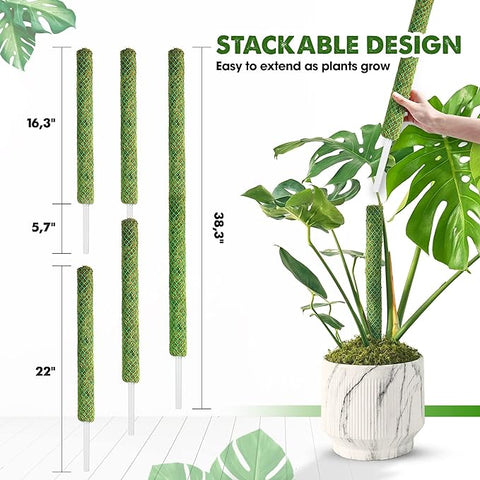 DUSPRO Paquete de 2 postes de musgo de malla apilables verdes de 38 pulgadas para plantas trepadoras que apoyan el enrejado Monstera, para plantas de interior, palos de musgo extensibles para plantas, estacas para plantas en maceta Monstera 