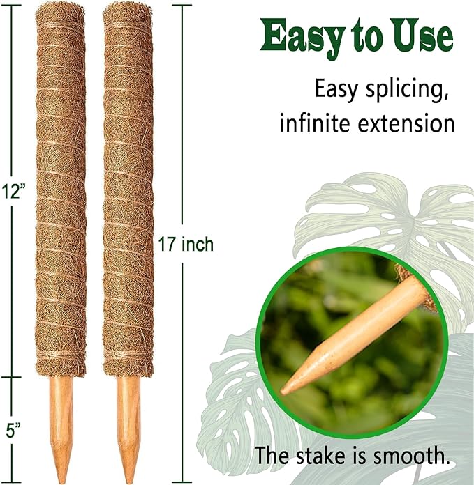 2 Pack 17 Inch Moss Pole, Stackable Moss Poles for Climbing Plants Monstera, Tall Plant Sticks Accessories, Large Coir Plant Support Stakes for Potted Plants Indoor, Pothos, Philodendron