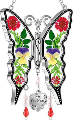 KY&BOSAM Suncatcher Butterfly I Love You Nana Gifts for Nana Mother`s Day Nana Gifts Stained Glass Suncatchers Hanging Wind Chime Ornament for Window Gift for Mother`s Day Birthday Christmas