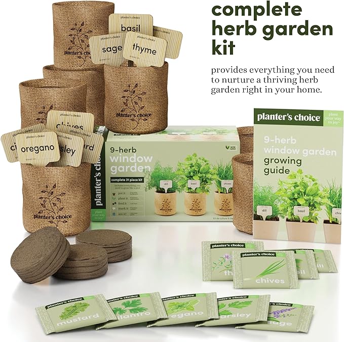 9 Herb Indoor Window Garden Kit - House Plants Seeds - Best Unique Gift Ideas for Women, Mom, Friend, Her, Birthday, Housewarming, Mother - New Home Kitchen Gifts - Live Plant Starter (Burlap Pots)