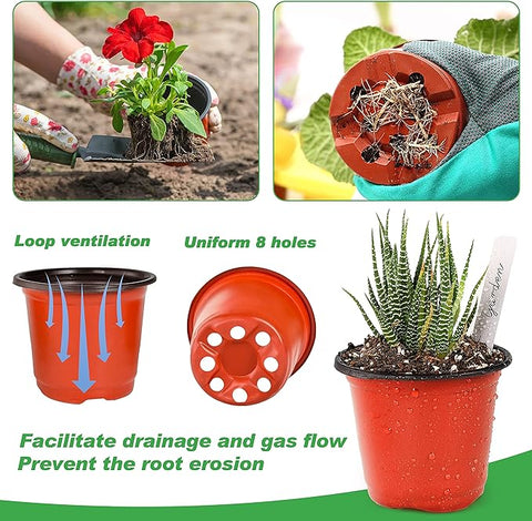 TDHDIKE Macetas/macetas pequeñas de plástico de 4 pulgadas (100 macetas y 100 etiquetas para plantas) Contenedor para plantas de plántulas y flores (rojo) Macetas para iniciar semillas en interiores y exteriores 