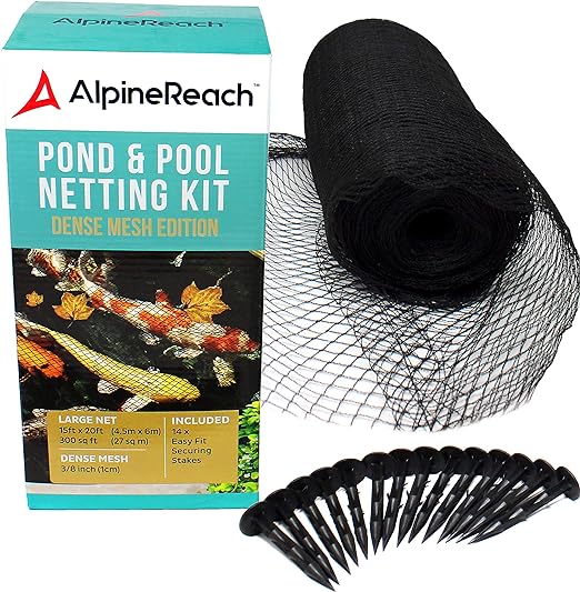 AlpineReach Koi Pond Netting Kit 15 x 20 ft Black Heavy Duty Woven Fine Mesh Net Cover for Leaves - Protects Koi Fish from Blue Heron Birds, Cats & Predators – Reusable & Stakes Included