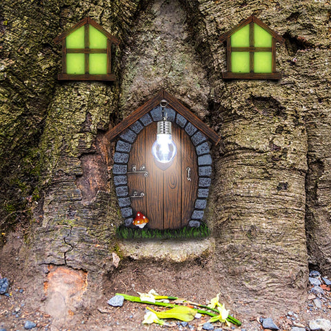 Juegoal Fairy Gnome Home Miniature Window and Door with Litter lamp for Trees Decoration, Glow in Dark Fairies Sleeping Door and Windows, Yard Art Garden Sculpture, Lawn Ornament Decor