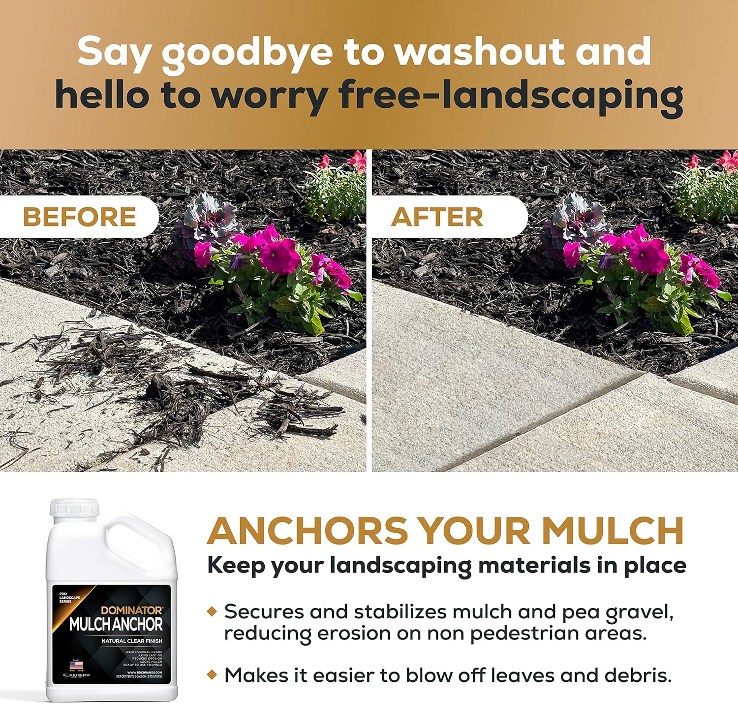 DOMINATOR Mulch Anchor 1 Gallon - Mulch Glue and Pea Gravel Stabilizer, Ready to Use Spray, Lasts up to 2 Years, Fast-Dry, Non-Toxic, Strong Mulch Glue for Landscapes