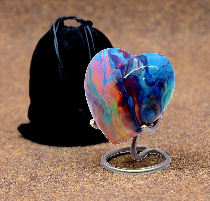 eSplanade Metal Mini Cremation Urn Heart-Shaped Keepsake Memorial Jar Pot Container | Small Urn for Funeral Ashes Burial | Wave Textured Metal Keepsake with Stand | Multicolor - 2.75" Inches