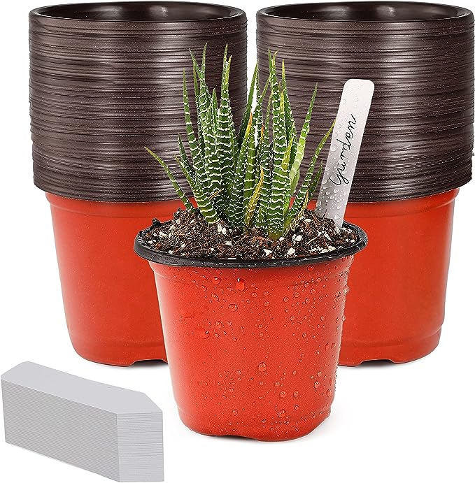 TDHDIKE Macetas/macetas pequeñas de plástico de 4 pulgadas (100 macetas y 100 etiquetas para plantas) Contenedor para plantas de plántulas y flores (rojo) Macetas para iniciar semillas en interiores y exteriores 