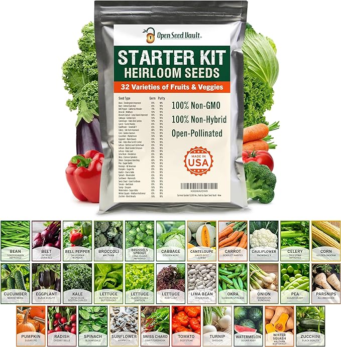 Open Seed Vault 15,000 Non GMO Heirloom Vegetable Seeds for Planting Vegetables and Fruits (32 Variety Pack) - Gardening Seed Starter Kit, Survival Gear Food, Gardening Gifts, Prepper Supplies