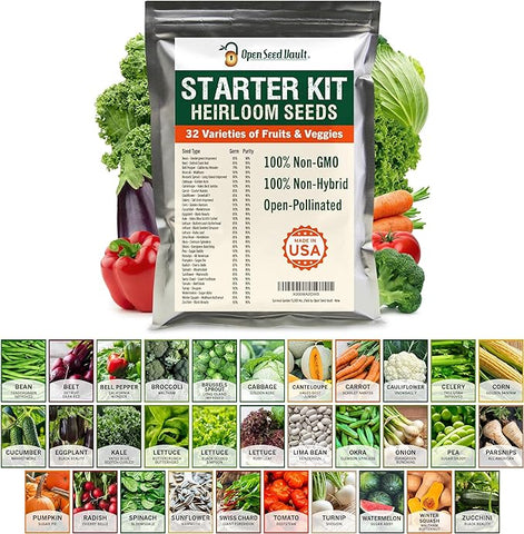 Open Seed Vault 15,000 Non GMO Heirloom Vegetable Seeds for Planting Vegetables and Fruits (32 Variety Pack) - Gardening Seed Starter Kit, Survival Gear Food, Gardening Gifts, Prepper Supplies