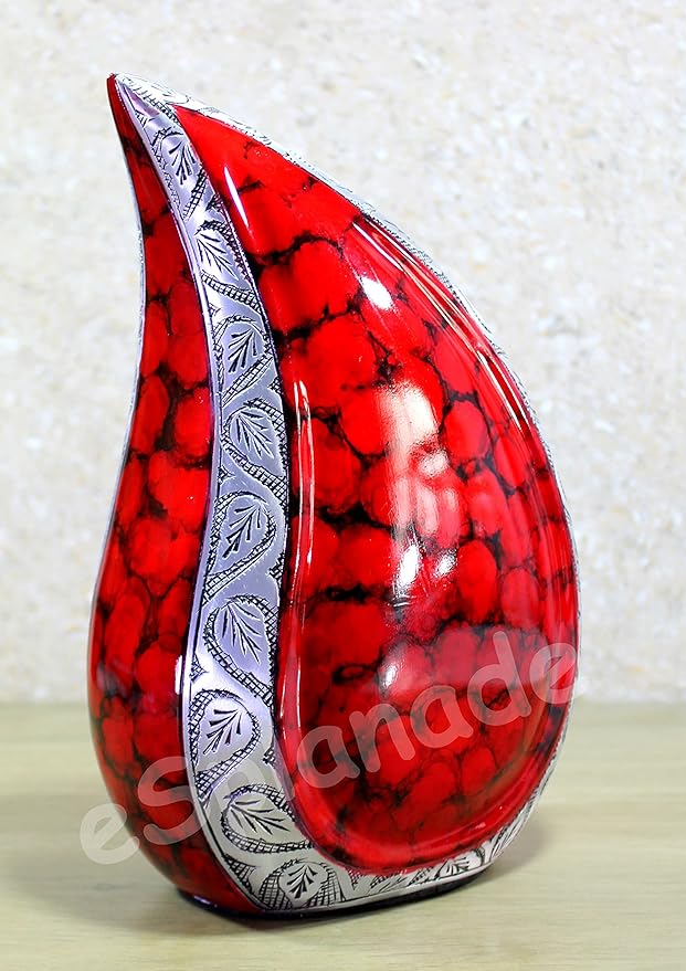 eSplanade Urna de cremación de metal, recipiente conmemorativo | Urna en relieve de tamaño completo para cenizas funerarias | Urnas de metal en forma de lágrima | Rojo ardiente - 10" pulgadas 